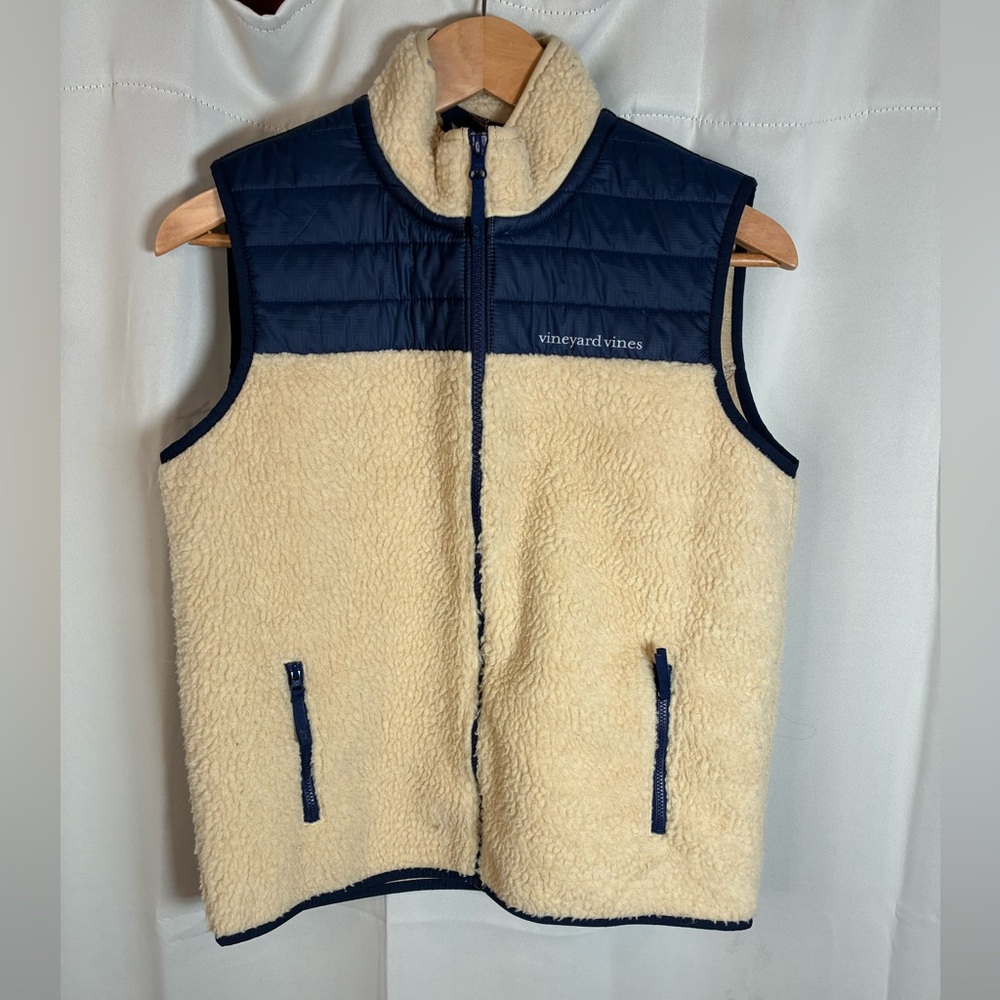 Vineyard Vines Youth L (16) Tan Sherpa Fleece Quilted Vest Navy Full Zip - Picture 2 of 8